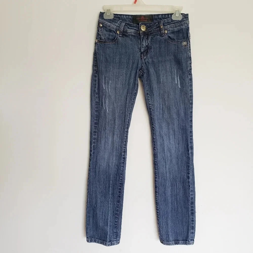 Ecko Red Women’s Jeans Low Rise Straight Stone Embroidered Pockets 3/4